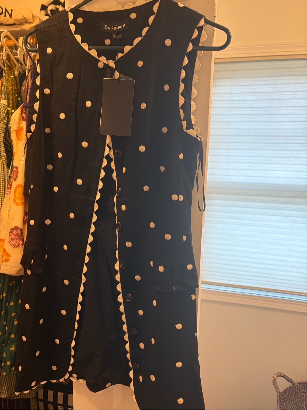 En Saison Black Polka Dot Sleeveless Mini Dress with White Trim